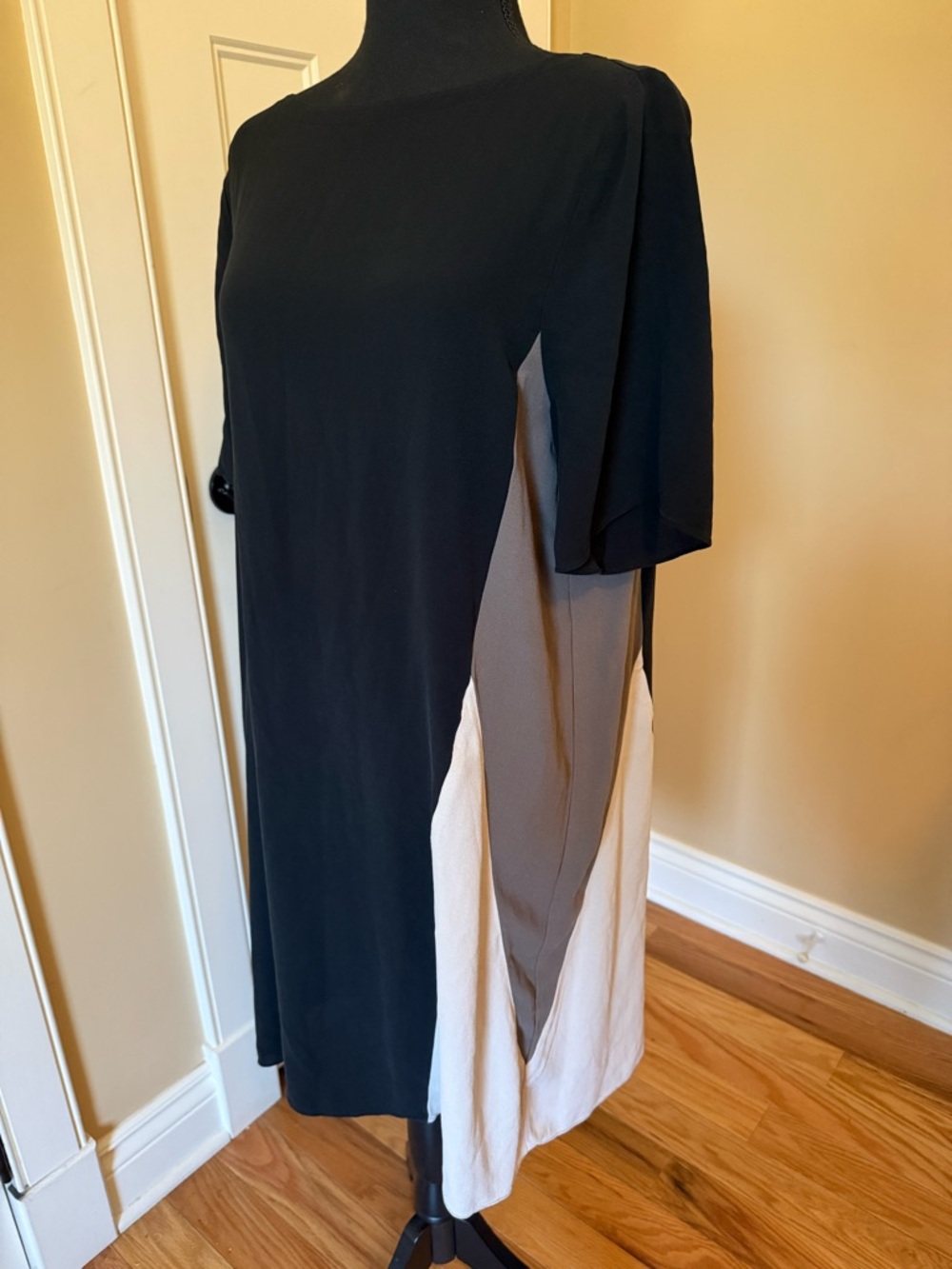 Eileen Fisher Silk Dress Georgette Crepe Shift Colorblock Lagenlook Women’s Sz M - Picture 3 of 13
